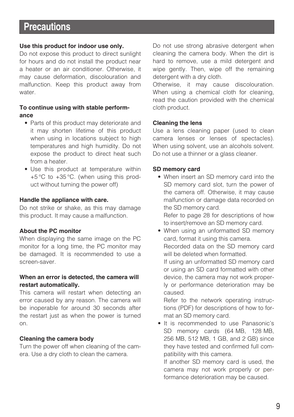 Precautions | Panasonic WV-NF284 User Manual | Page 9 / 36