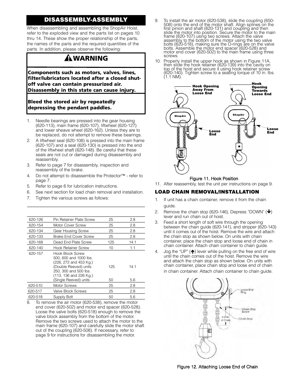 Warning, Disassembly-assembly | Vestil ACH-100 User Manual | Page 13 / 20