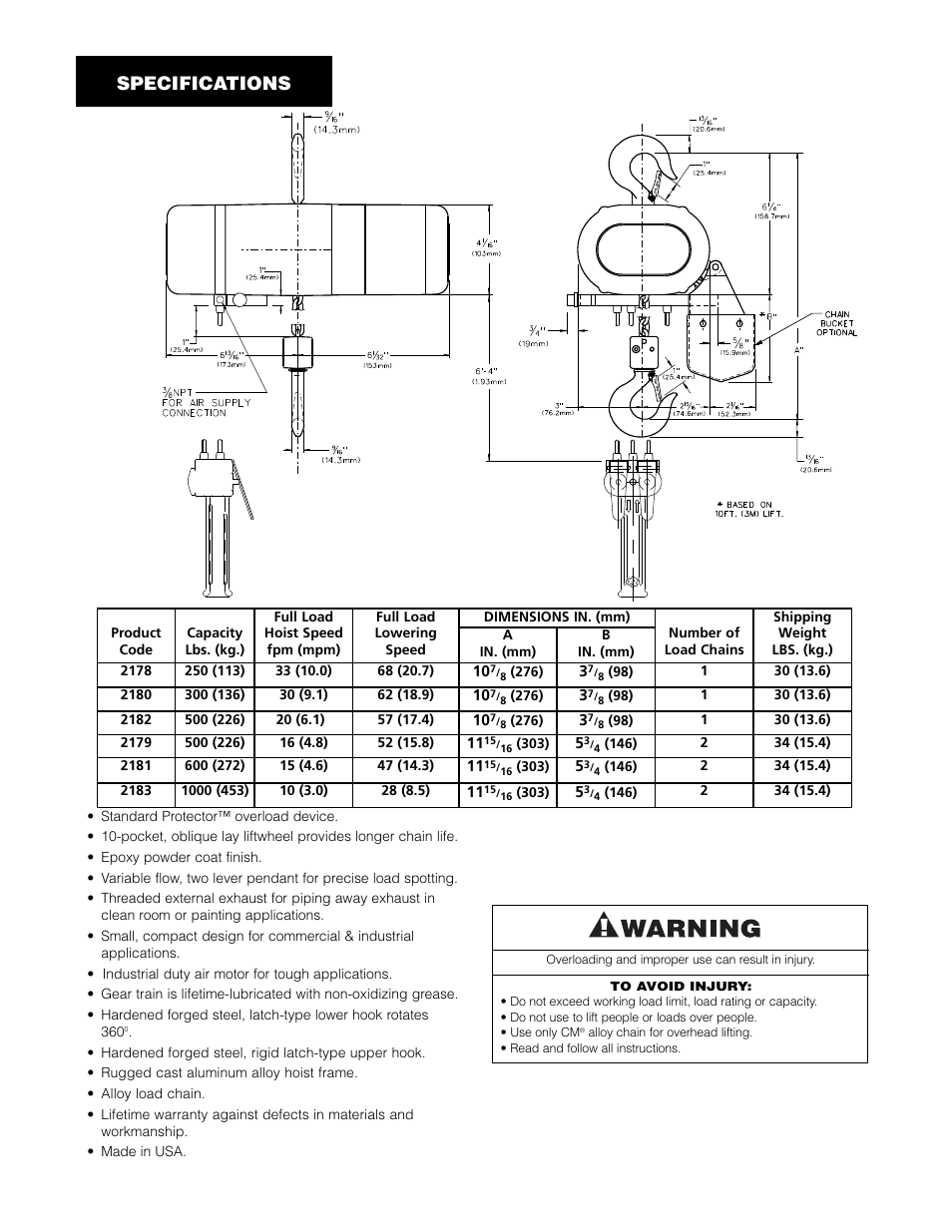 1specifications | Vestil ACH-100 User Manual | Page 6 / 20