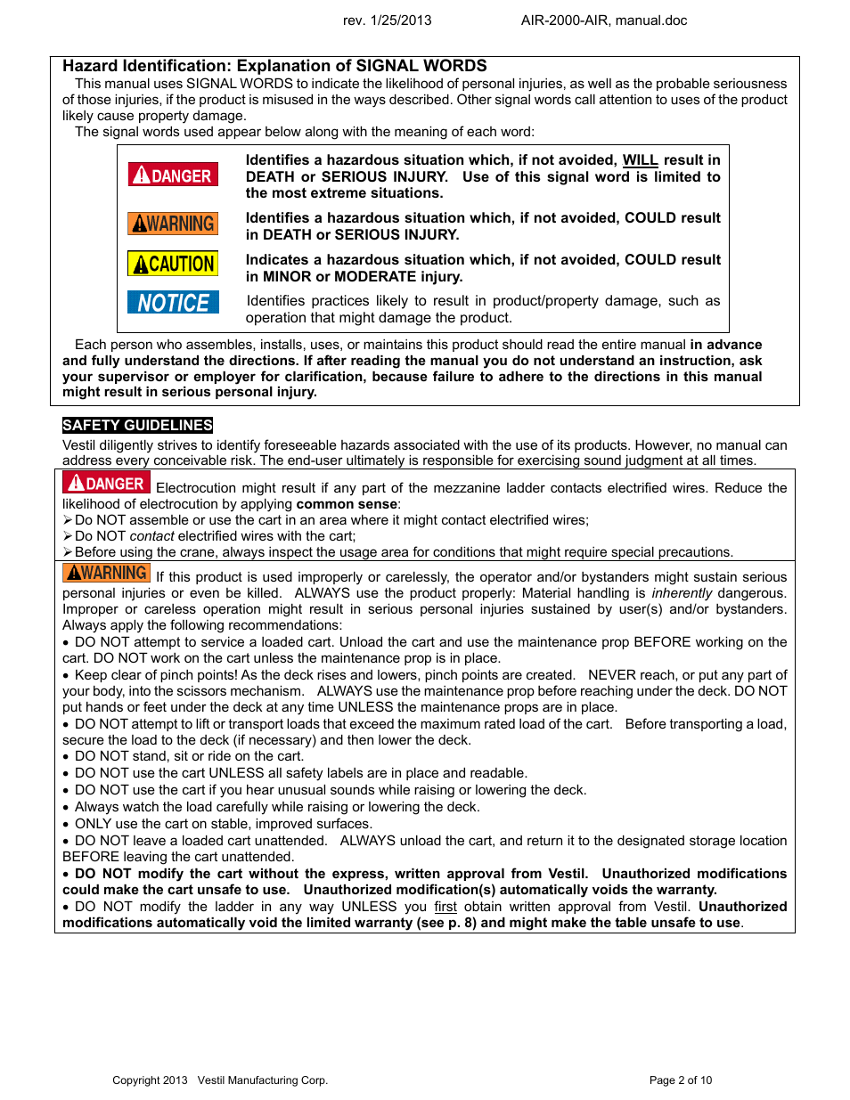 Hazard identification: explanation of signal words | Vestil AIR-2000 User Manual | Page 2 / 12