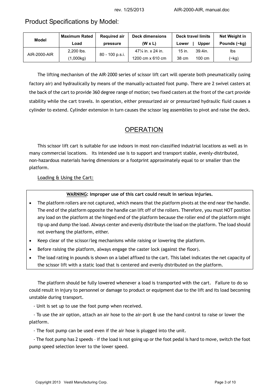 Product specifications by model, Operation | Vestil AIR-2000 User Manual | Page 3 / 12