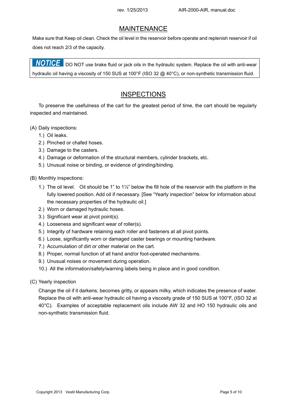 Maintenance, Inspections | Vestil AIR-2000 User Manual | Page 5 / 12