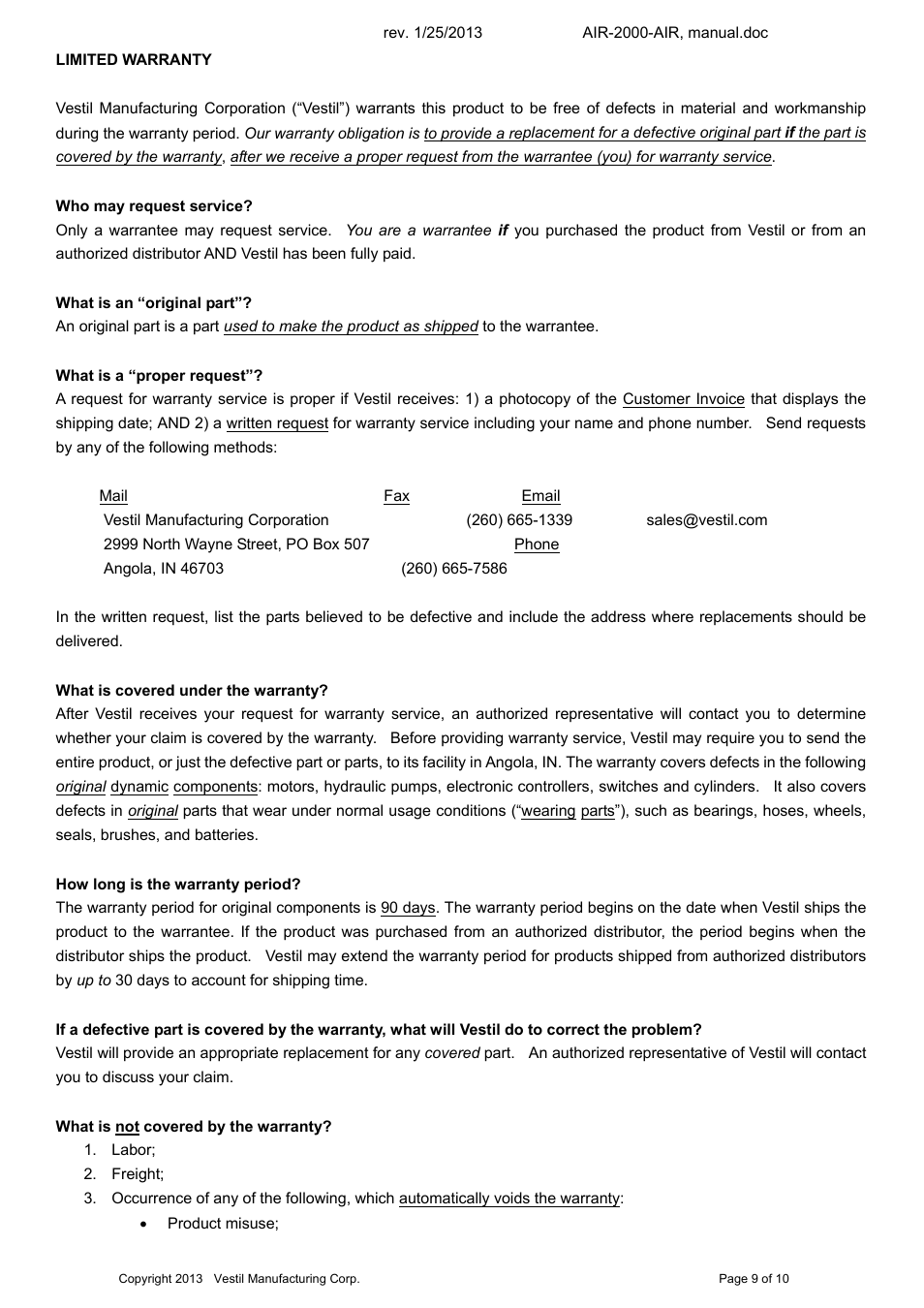 Vestil AIR-2000 User Manual | Page 9 / 12