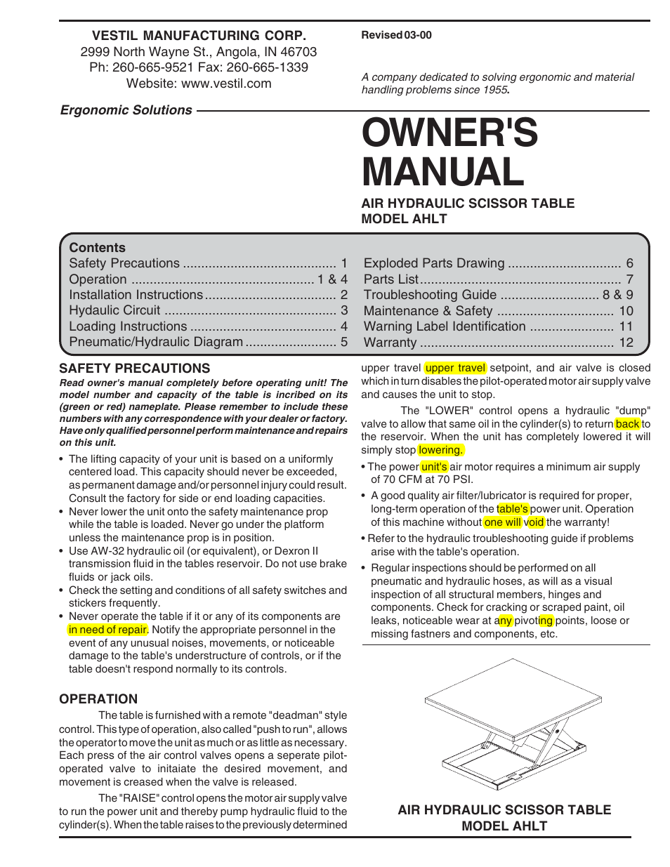 Vestil AHLT User Manual | 12 pages