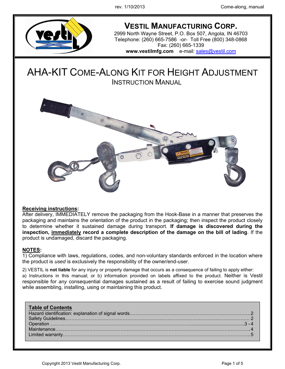 Vestil AHA-KIT Come-Along kit User Manual | 5 pages