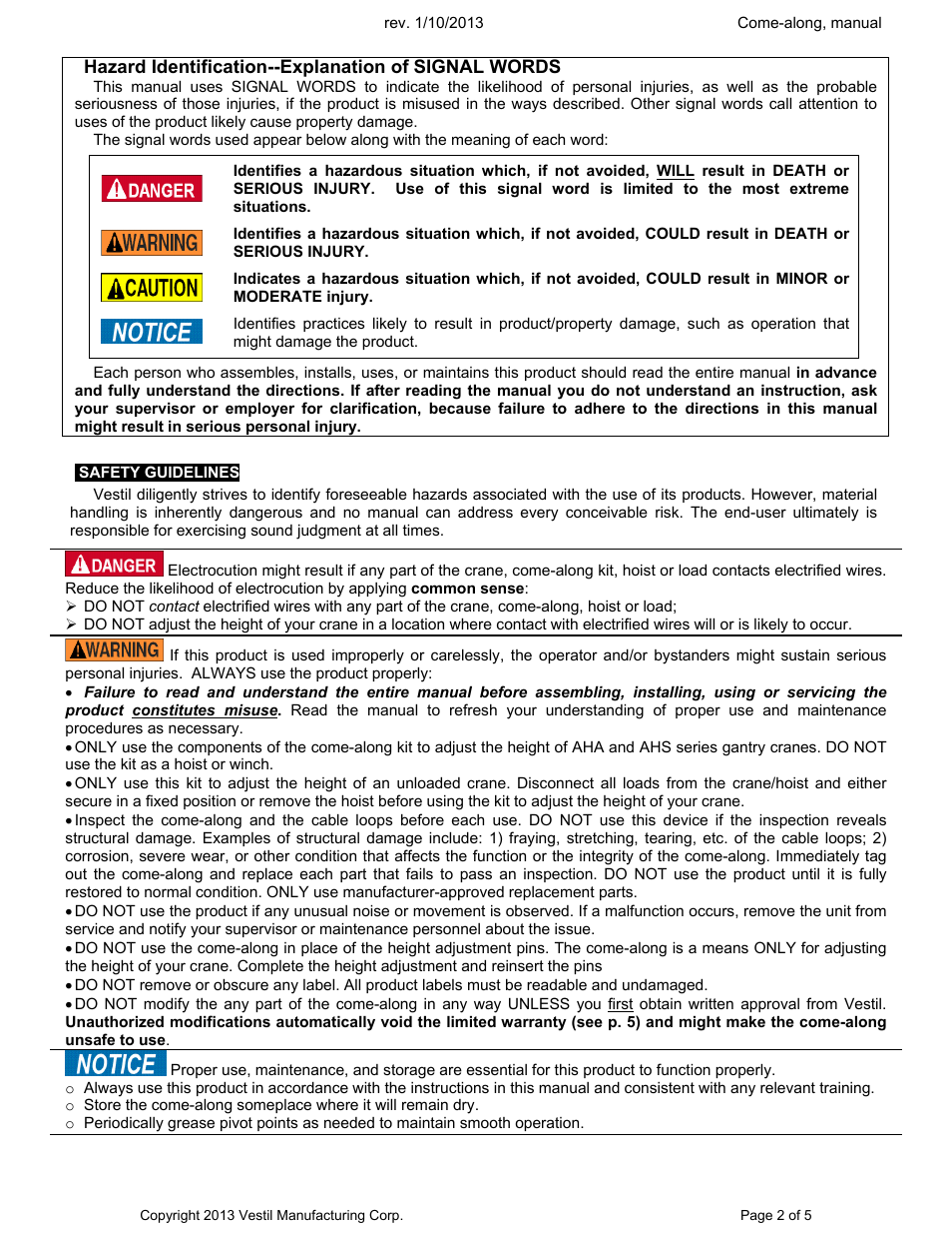 Hazard identification--explanation of signal words | Vestil AHA-KIT Come-Along kit User Manual | Page 2 / 5