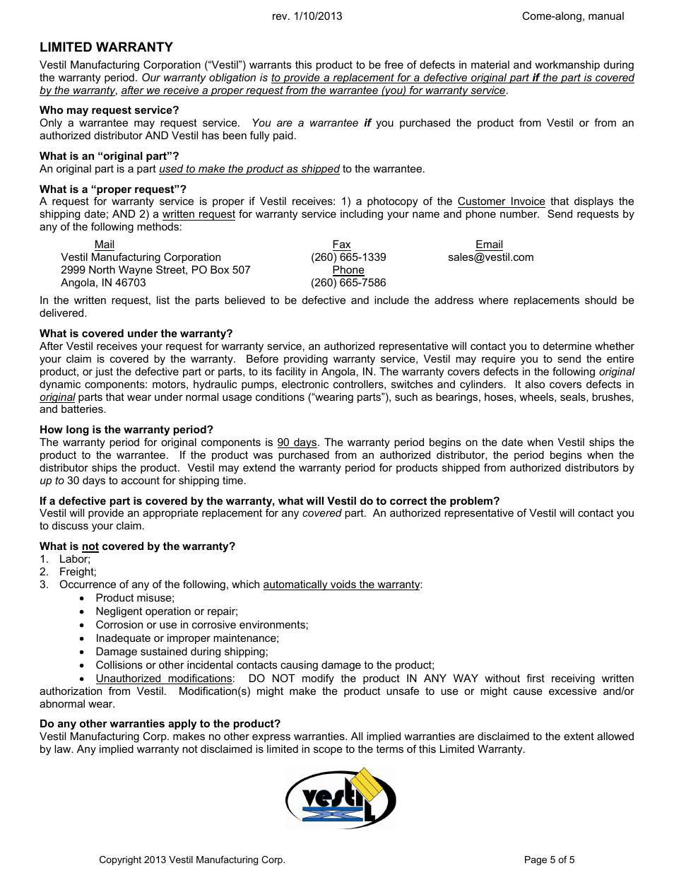 Limited warranty | Vestil AHA-KIT Come-Along kit User Manual | Page 5 / 5