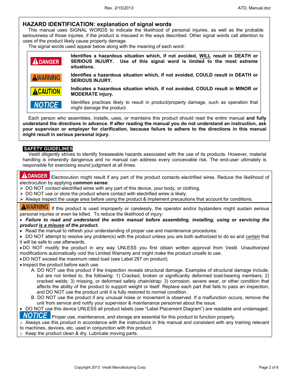 Hazard identification: explanation of signal words | Vestil ATD User Manual | Page 2 / 6