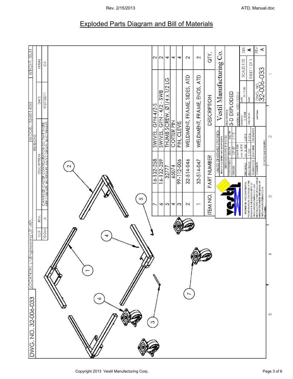 Exploded parts diagram and bill of materials | Vestil ATD User Manual | Page 3 / 6