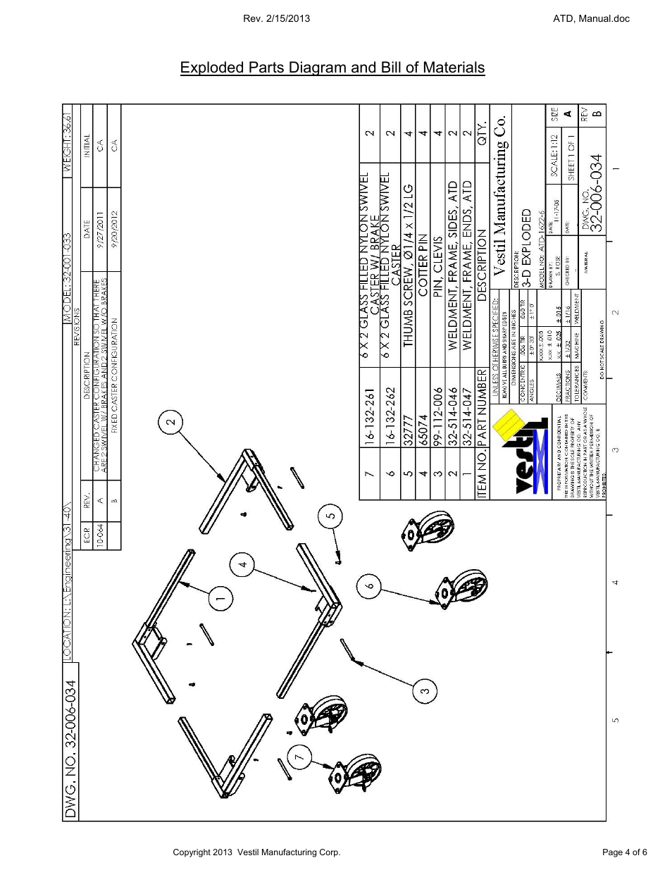 Exploded parts diagram and bill of materials | Vestil ATD User Manual | Page 4 / 6