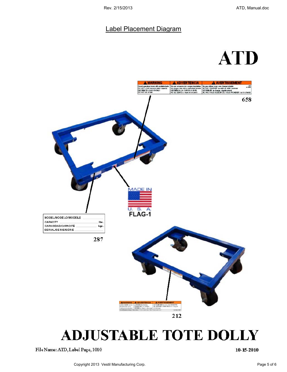 Label placement diagram | Vestil ATD User Manual | Page 5 / 6