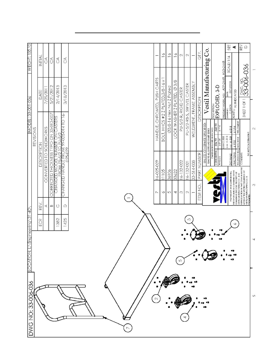 Exploded parts diagram and bill of materials | Vestil ASD User Manual | Page 7 / 9