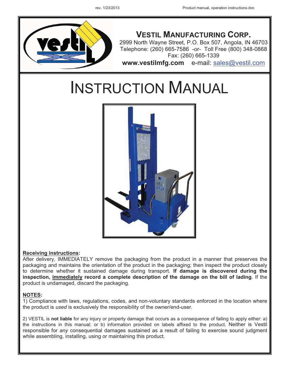 Vestil CB-PMPS User Manual | 13 pages