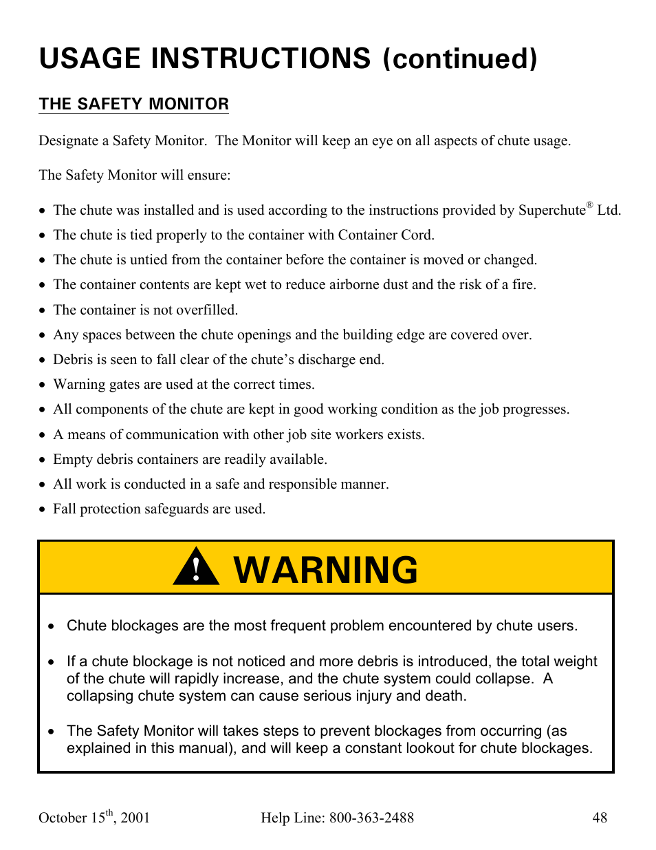 Warning, Usage instructions (continued) | Vestil CC-30-MC User Manual | Page 49 / 59