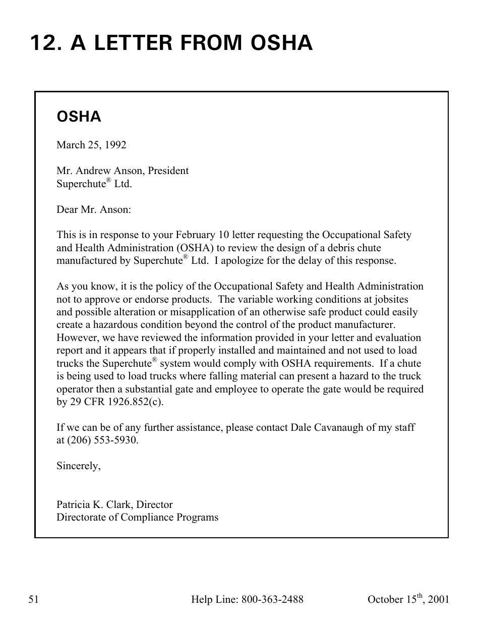 A letter from osha, Osha | Vestil CC-30-MC User Manual | Page 52 / 59