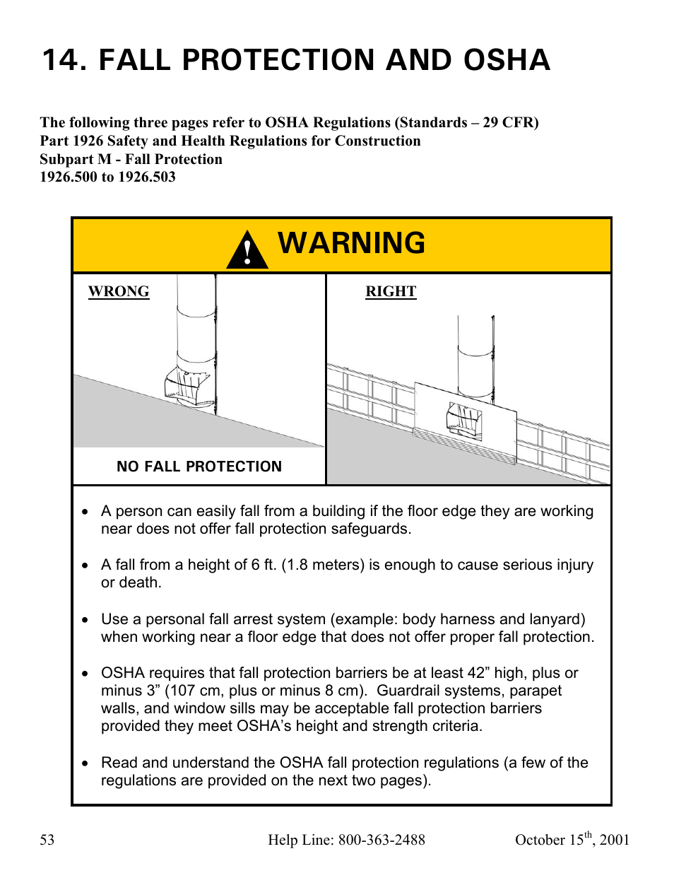 Fall protection and osha, Warning | Vestil CC-30-MC User Manual | Page 54 / 59