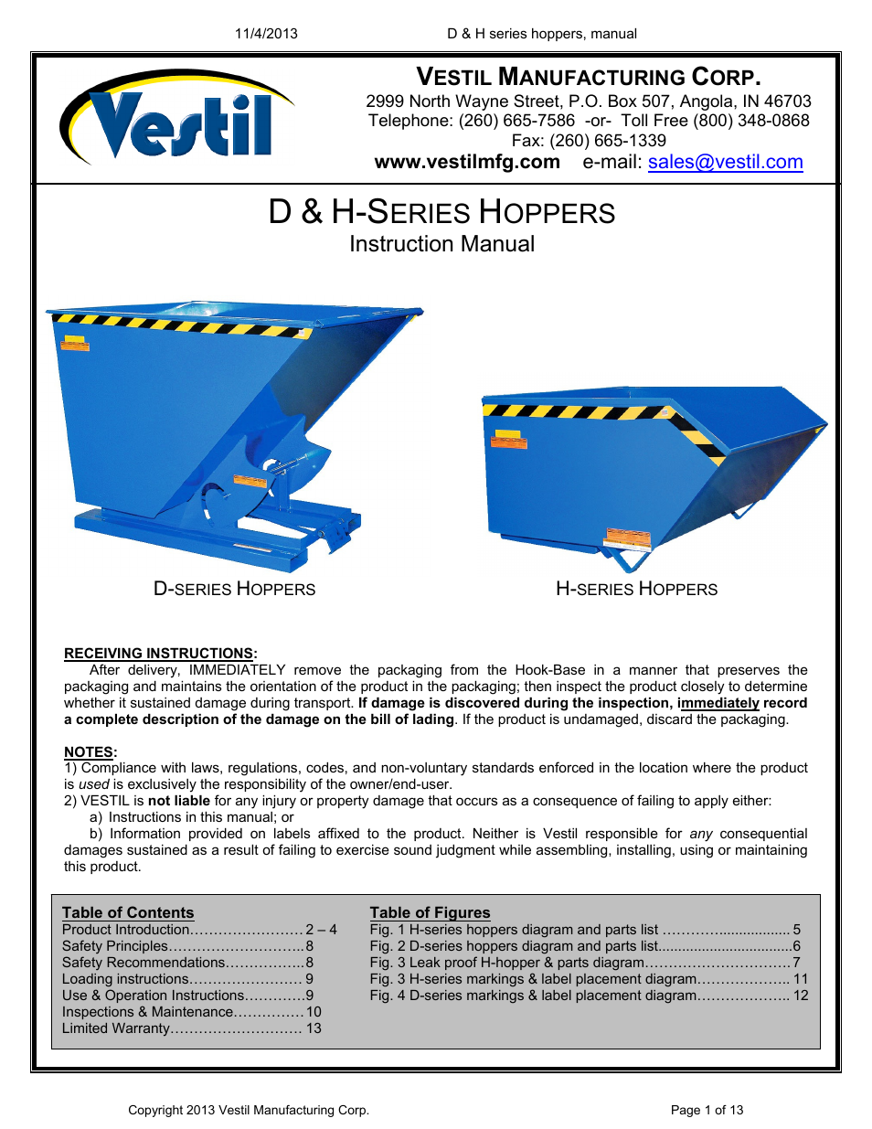 Vestil D series hoppers User Manual | 13 pages