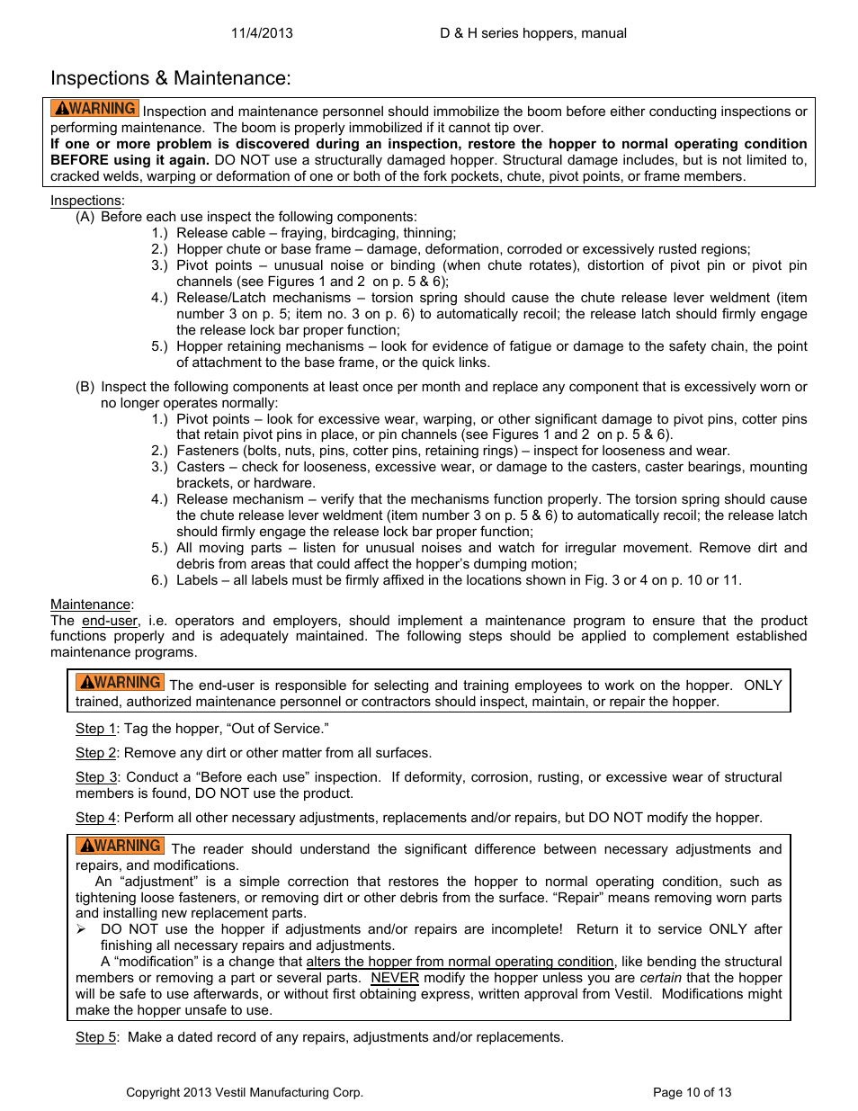 Inspections & maintenance | Vestil D series hoppers User Manual | Page 10 / 13