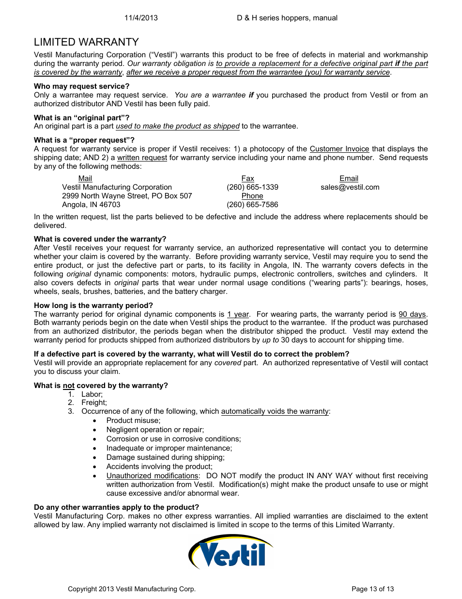 Limited warranty | Vestil D series hoppers User Manual | Page 13 / 13