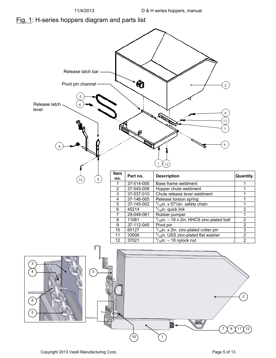 Fig. 1, H-series hoppers diagram and parts list | Vestil D series hoppers User Manual | Page 5 / 13