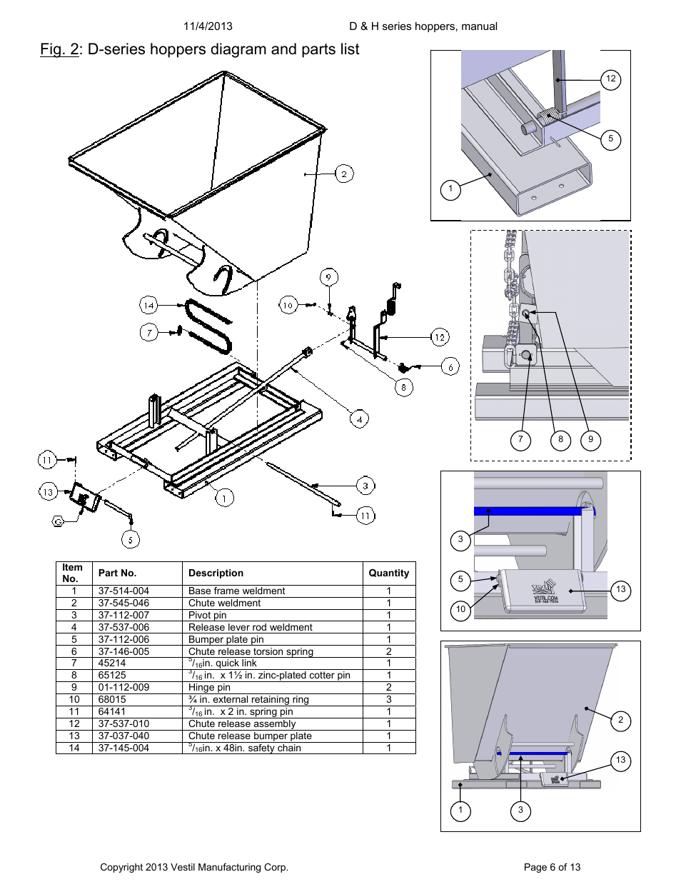 Fig. 2: d-series hoppers diagram and parts list | Vestil D series hoppers User Manual | Page 6 / 13