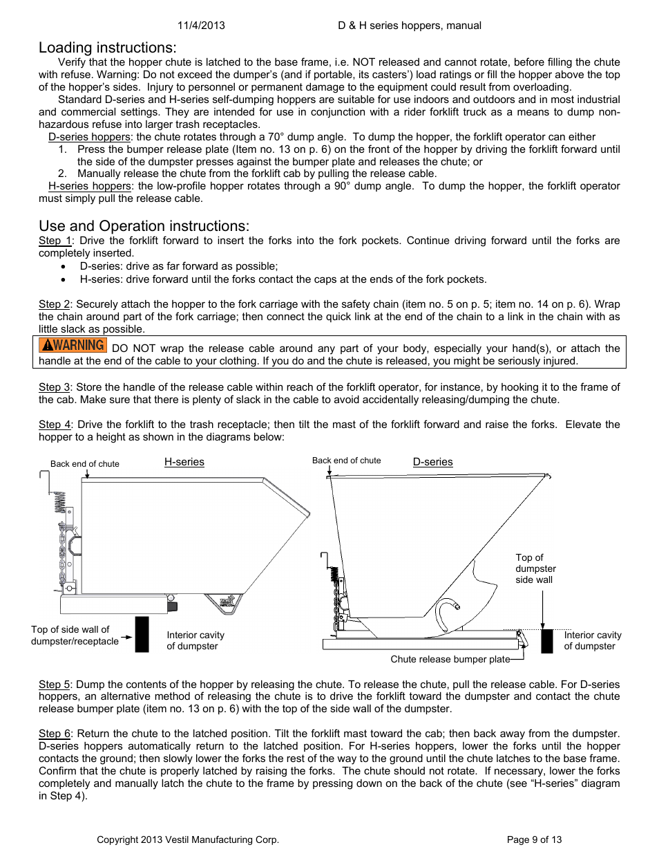 Loading instructions, Use and operation instructions | Vestil D series hoppers User Manual | Page 9 / 13