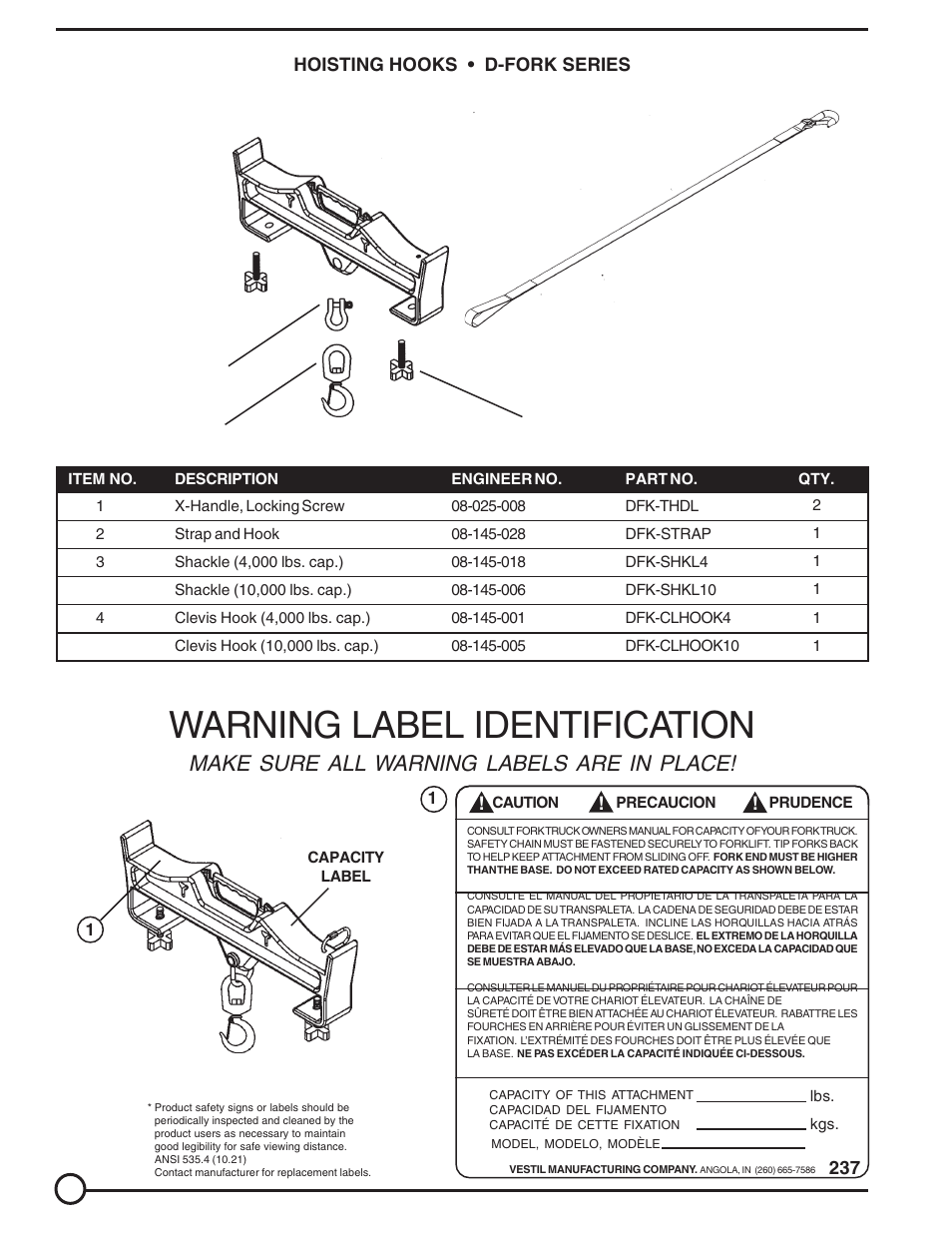 Warning label identification, Make sure all warning labels are in place | Vestil D-FORK User Manual | Page 2 / 2