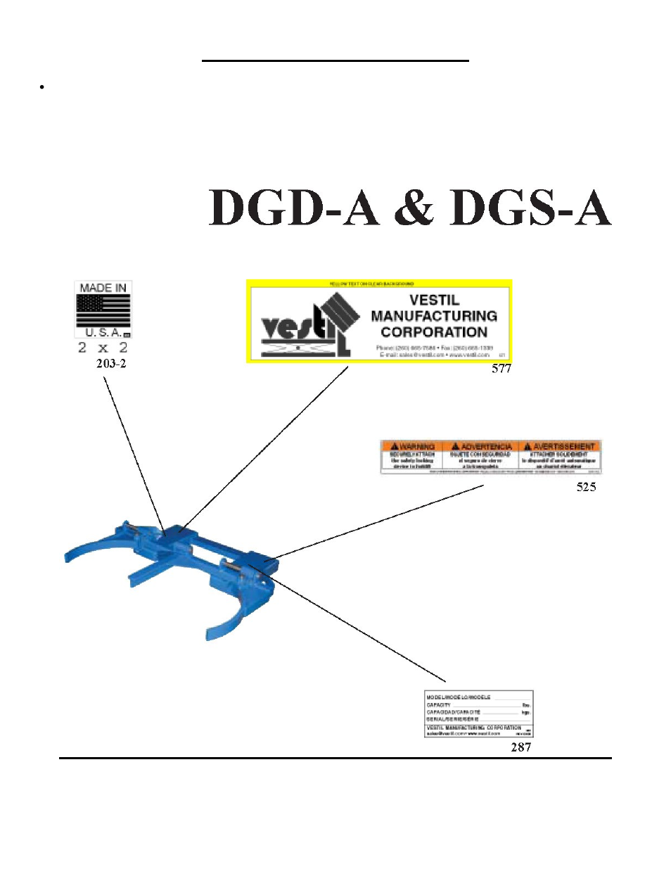 Afety, Abel, Dentification | Vestil DGS-A User Manual | Page 7 / 8