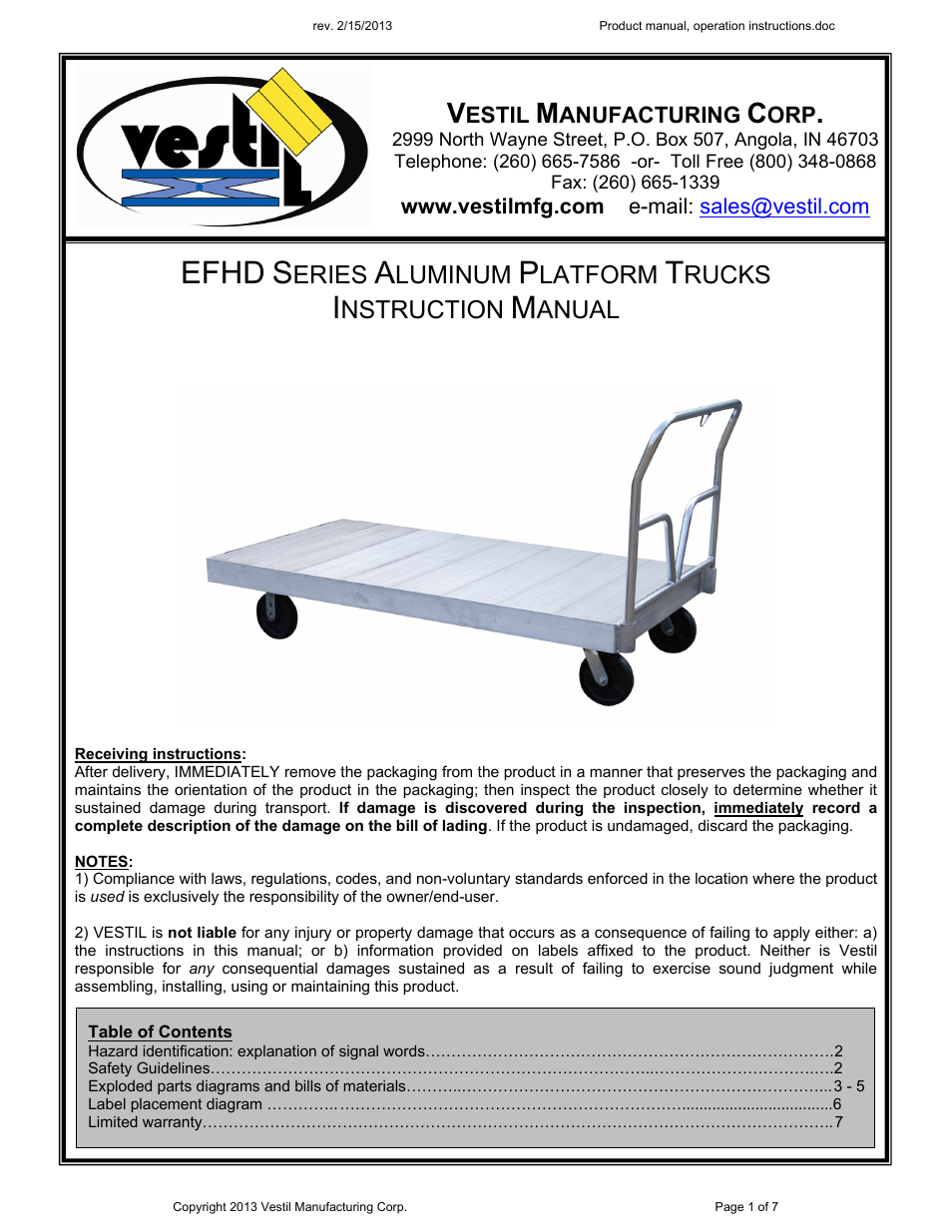 Vestil EFHD User Manual | 7 pages