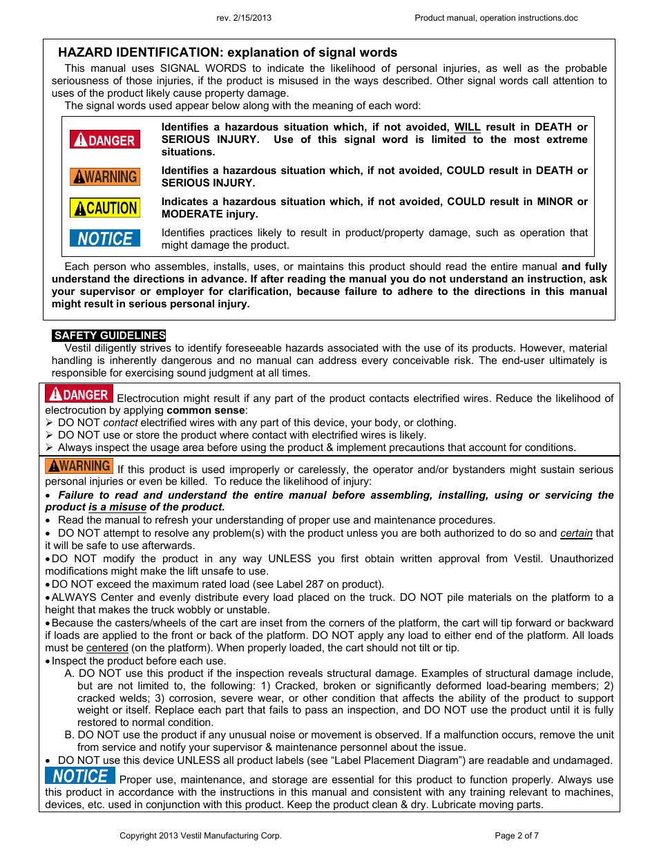 Hazard identification: explanation of signal words | Vestil EFHD User Manual | Page 2 / 7