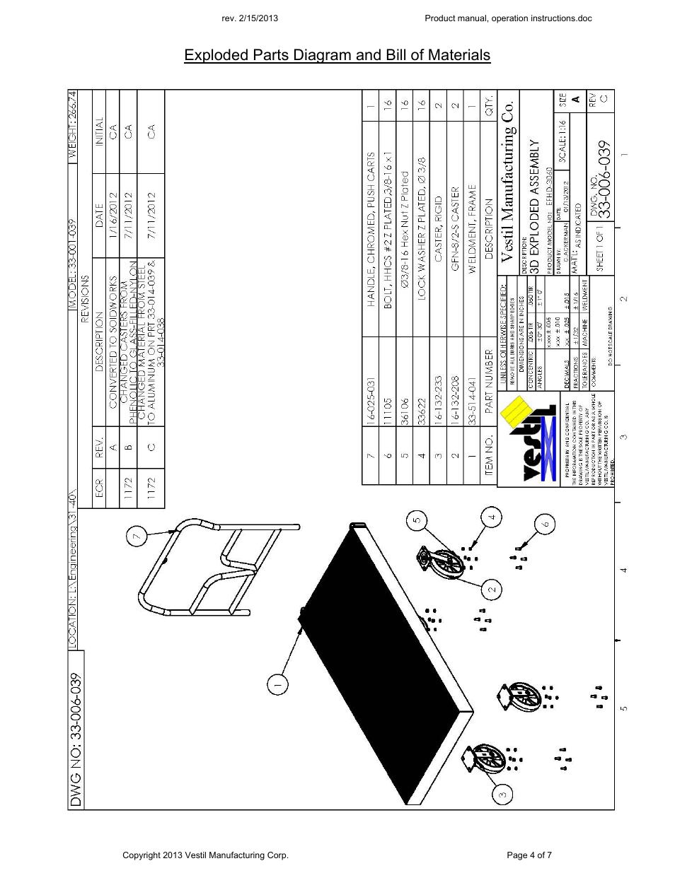 Exploded parts diagram and bill of materials | Vestil EFHD User Manual | Page 4 / 7