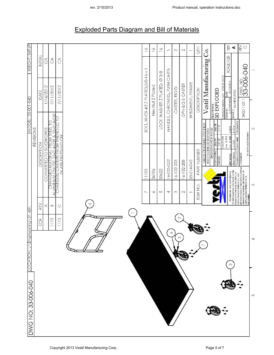 Exploded parts diagram and bill of materials | Vestil EFHD User Manual | Page 5 / 7