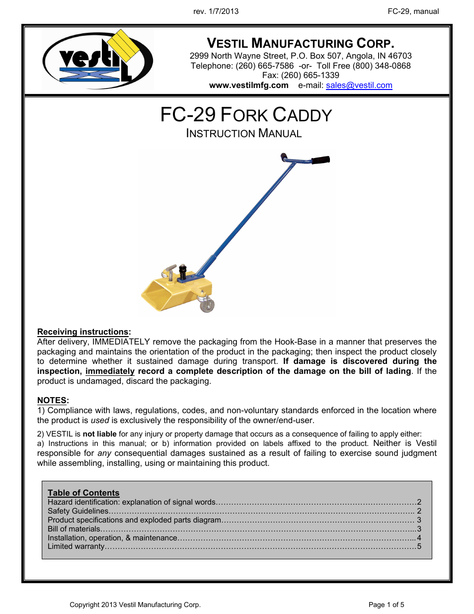 Vestil FC-29 User Manual | 5 pages