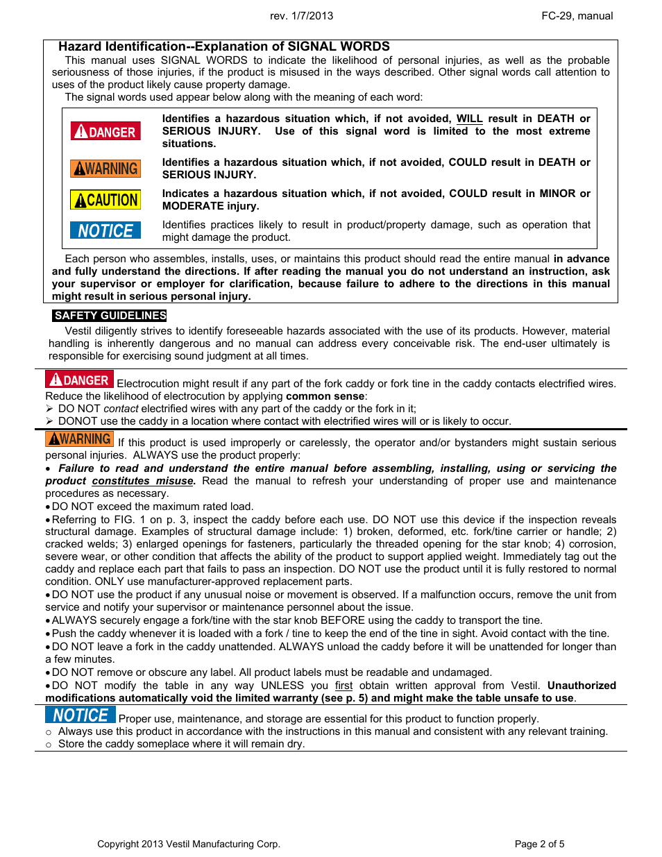 Hazard identification--explanation of signal words | Vestil FC-29 User Manual | Page 2 / 5