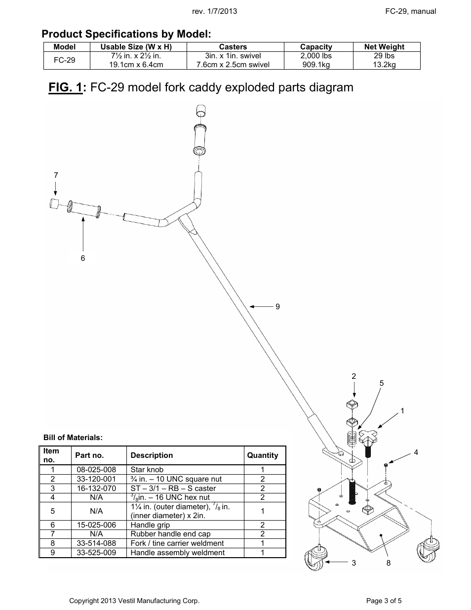 Product specifications by model | Vestil FC-29 User Manual | Page 3 / 5