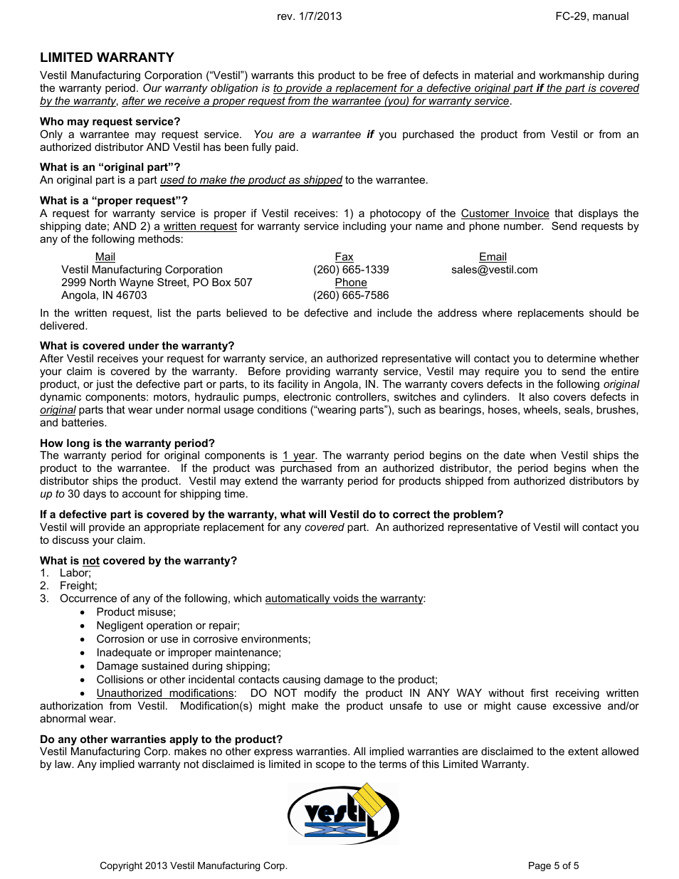 Limited warranty | Vestil FC-29 User Manual | Page 5 / 5