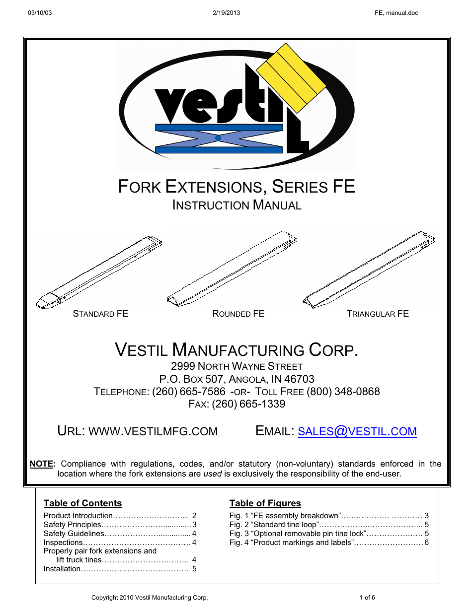 Vestil FE series User Manual | 6 pages