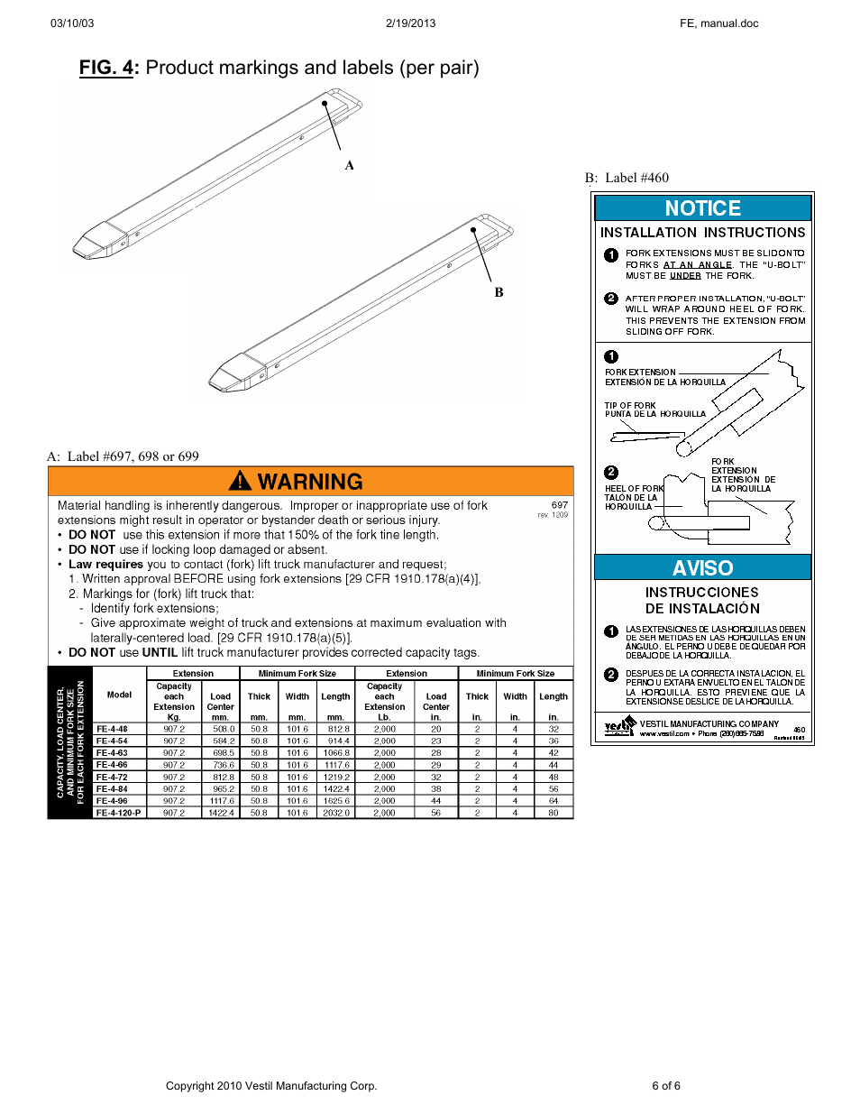 Fig. 4: product markings and labels (per pair) | Vestil FE series User Manual | Page 6 / 6