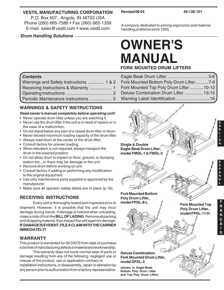 Vestil DFDL-3 User Manual | 16 pages