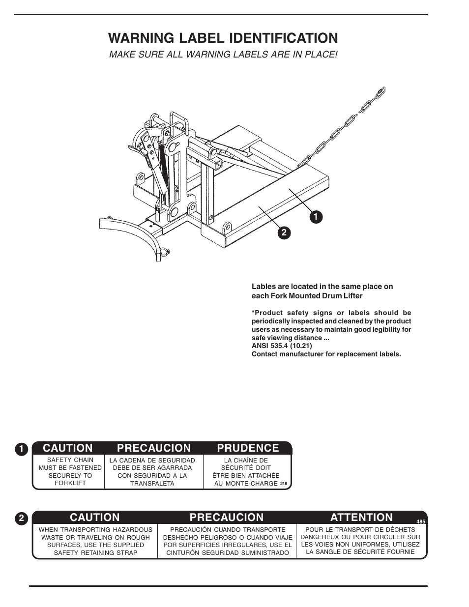 Warning label identification, Caution, Precaucion | Prudence, Attention, Make sure all warning labels are in place | Vestil DFDL-3 User Manual | Page 16 / 16