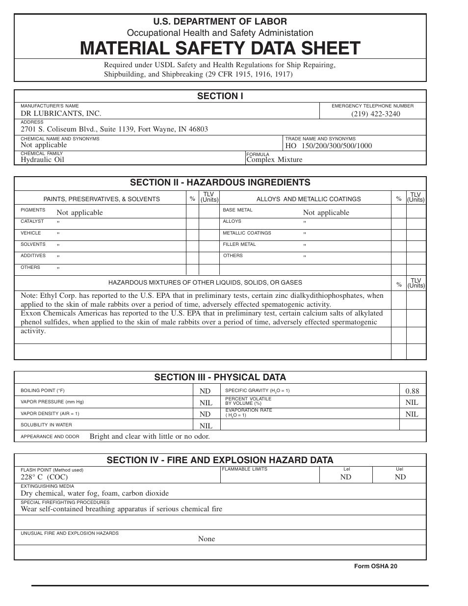 Material safety data sheet, U.s. department of labor | Vestil GLT-4000 User Manual | Page 14 / 16