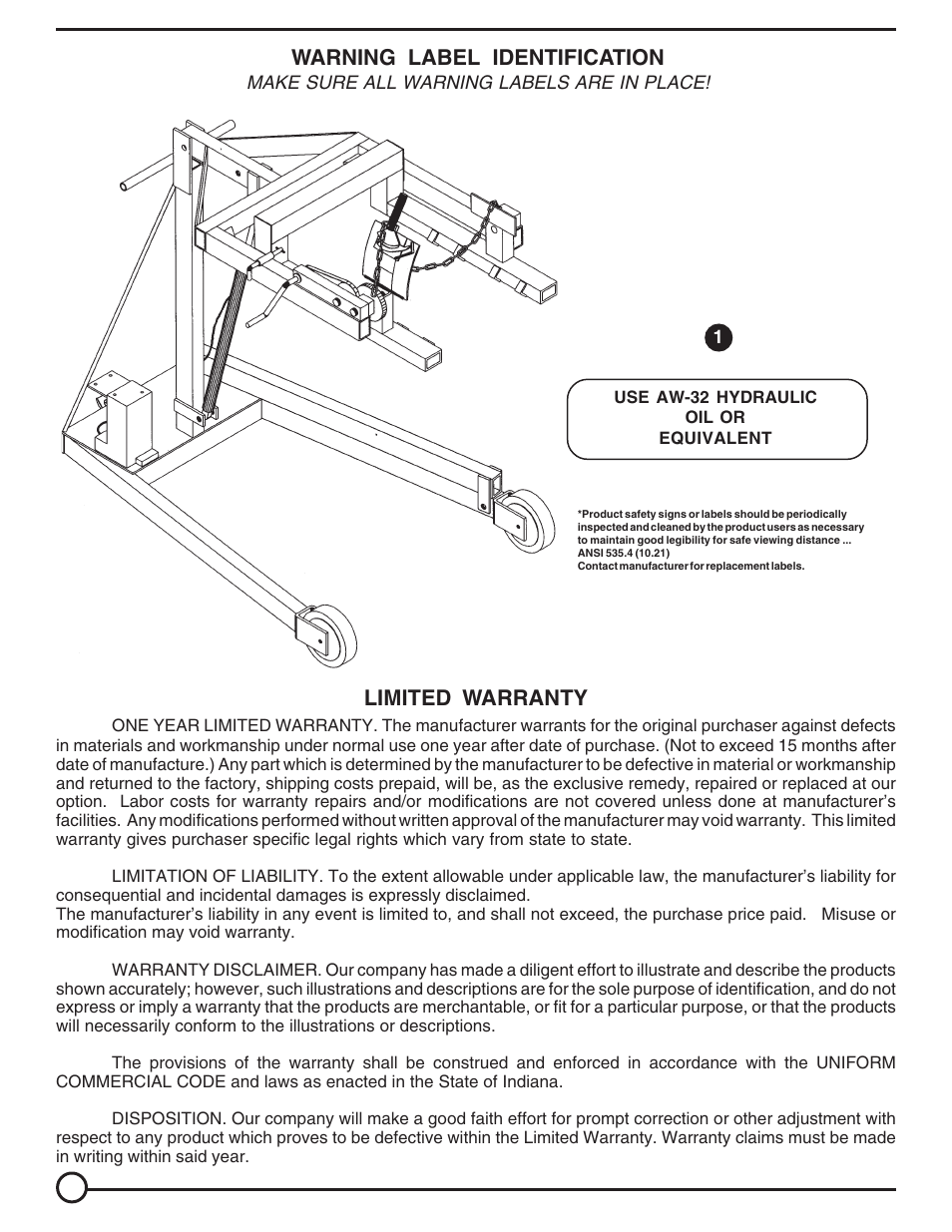 Warning label identification, Limited warranty | Vestil HDC-450 User Manual | Page 12 / 12