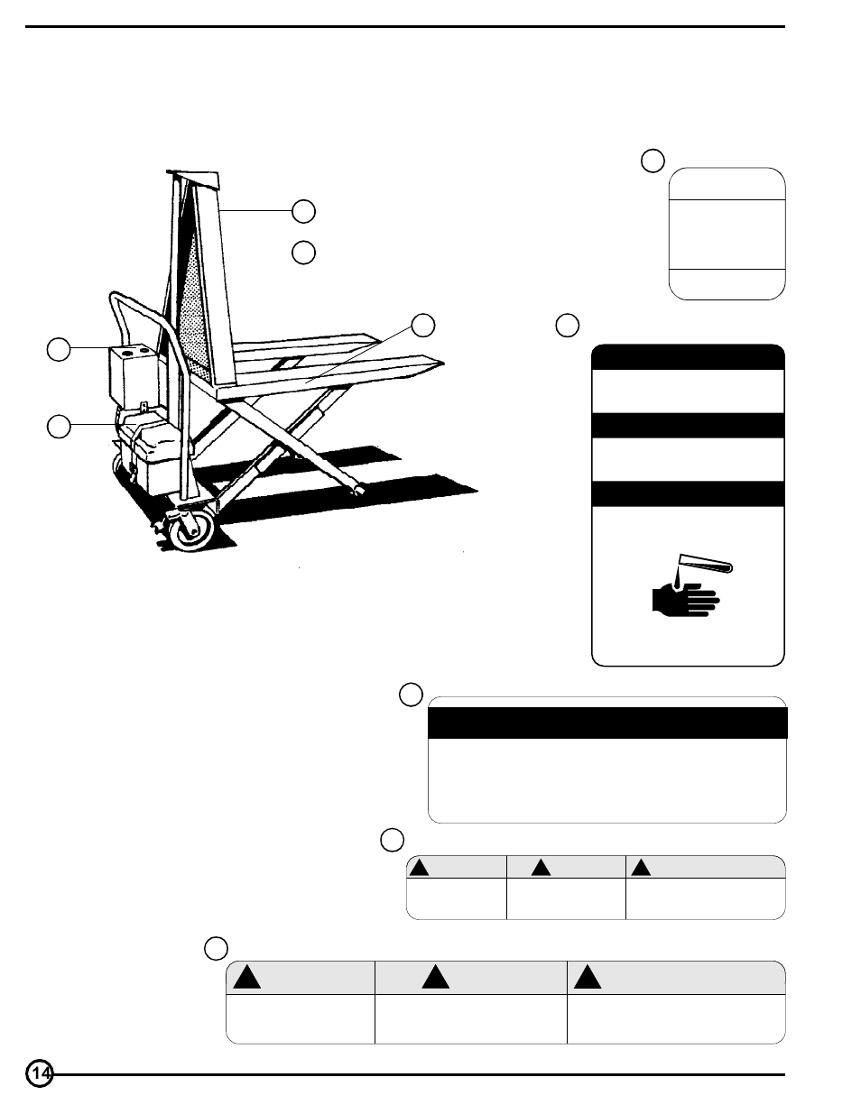 Warning label identification, Iso aw-32, Danger | Peligro, Make sure all warning labels are in place, Avertissement ! warning ! aviso | Vestil HIPM series User Manual | Page 14 / 15