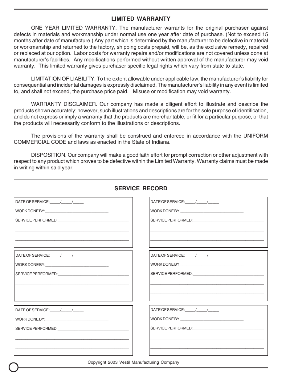 Limited warranty, Service record | Vestil LDLT series User Manual | Page 22 / 22