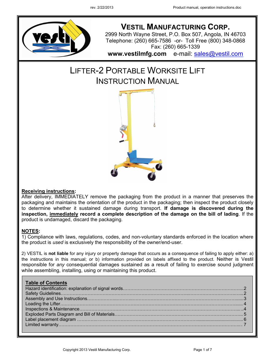 Vestil Lifter-2 User Manual | 7 pages