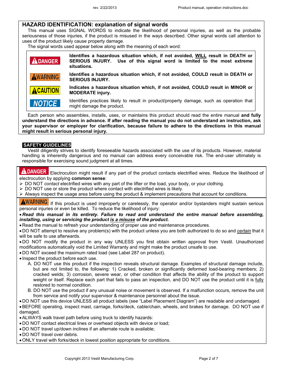 Hazard identification: explanation of signal words | Vestil Lifter-2 User Manual | Page 2 / 7