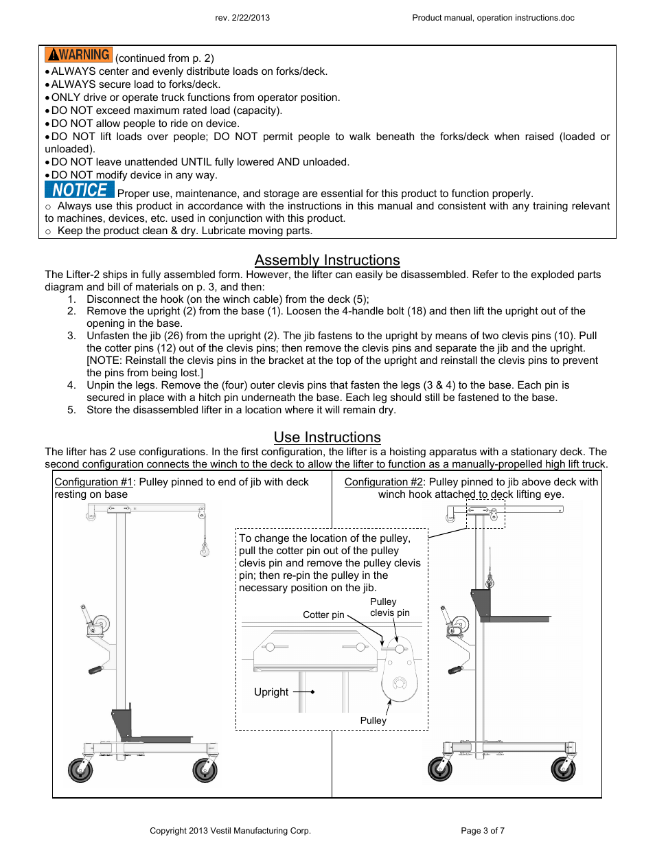 Assembly instructions, Use instructions | Vestil Lifter-2 User Manual | Page 3 / 7