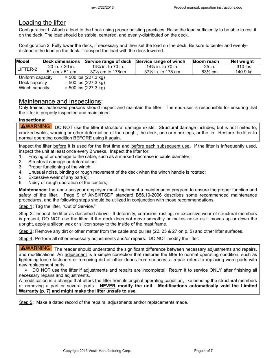 Loading the lifter, Maintenance and inspections | Vestil Lifter-2 User Manual | Page 4 / 7