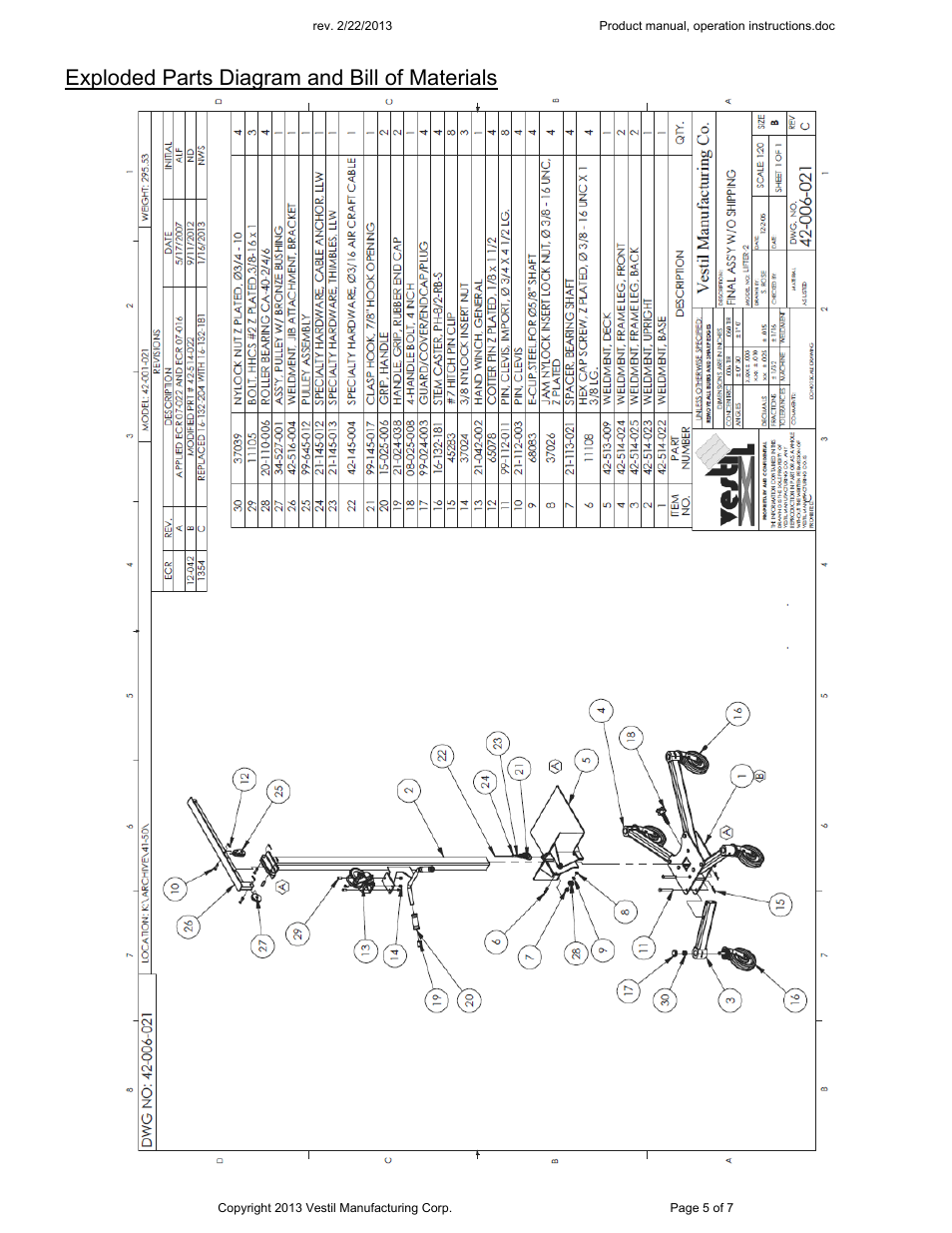 Exploded parts diagram and bill of materials | Vestil Lifter-2 User Manual | Page 5 / 7