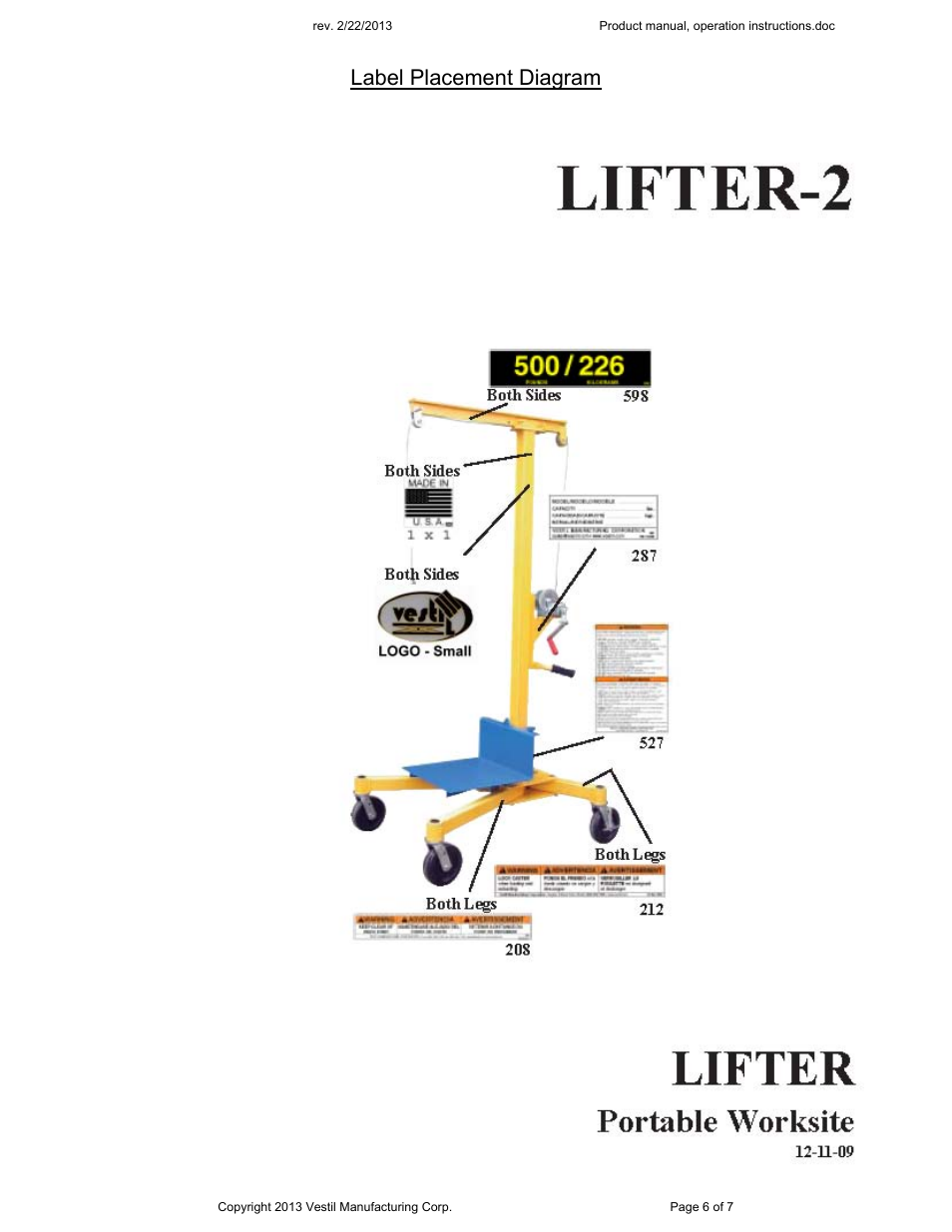 Label placement diagram | Vestil Lifter-2 User Manual | Page 6 / 7